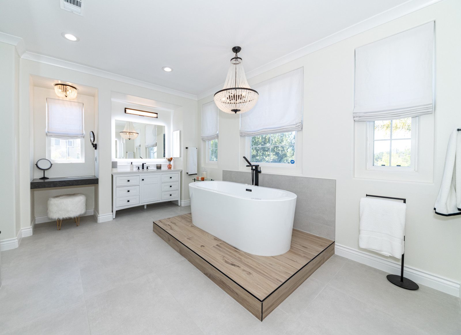 Freestanding tub on custom wood platform
