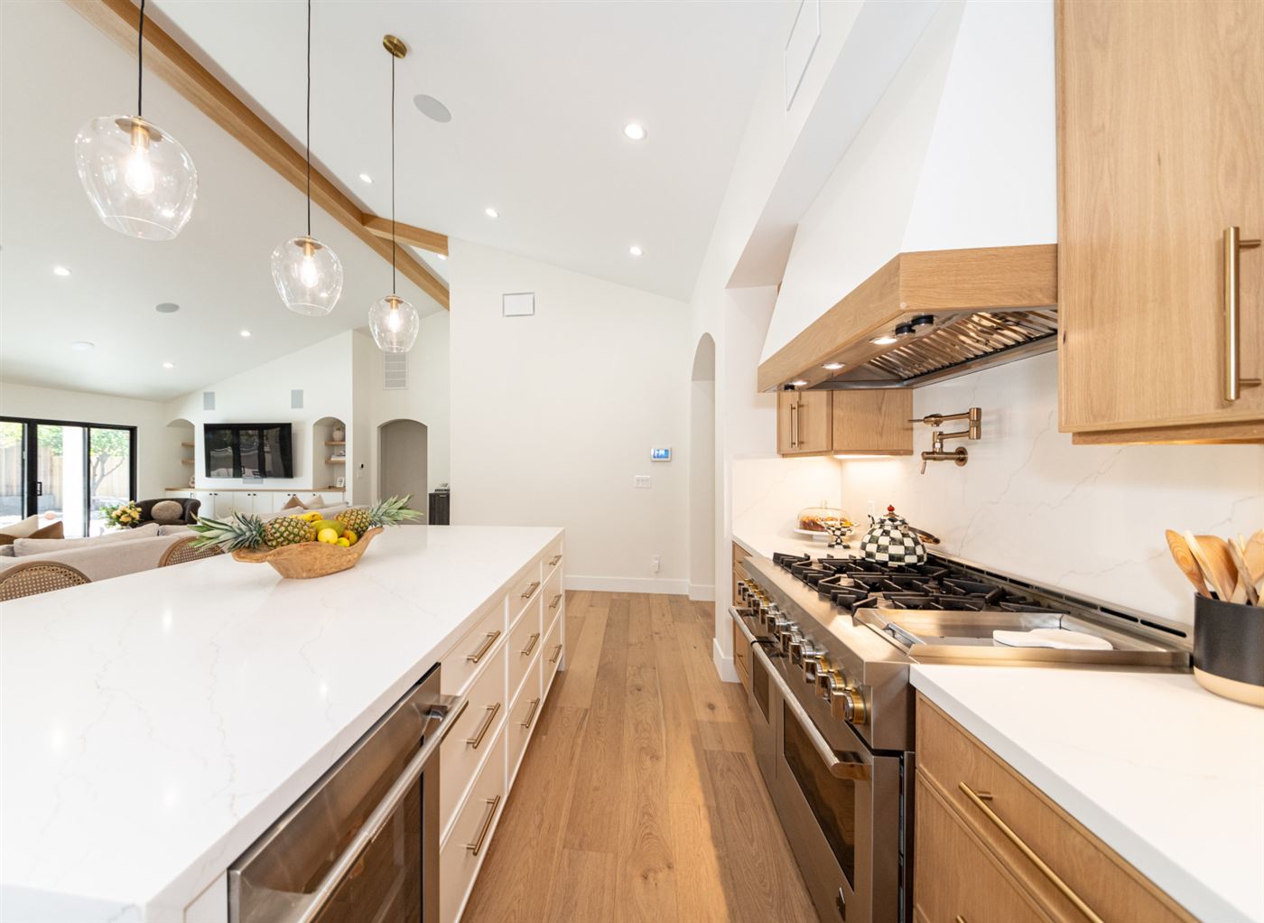Open-concept kitchen with waterfall island