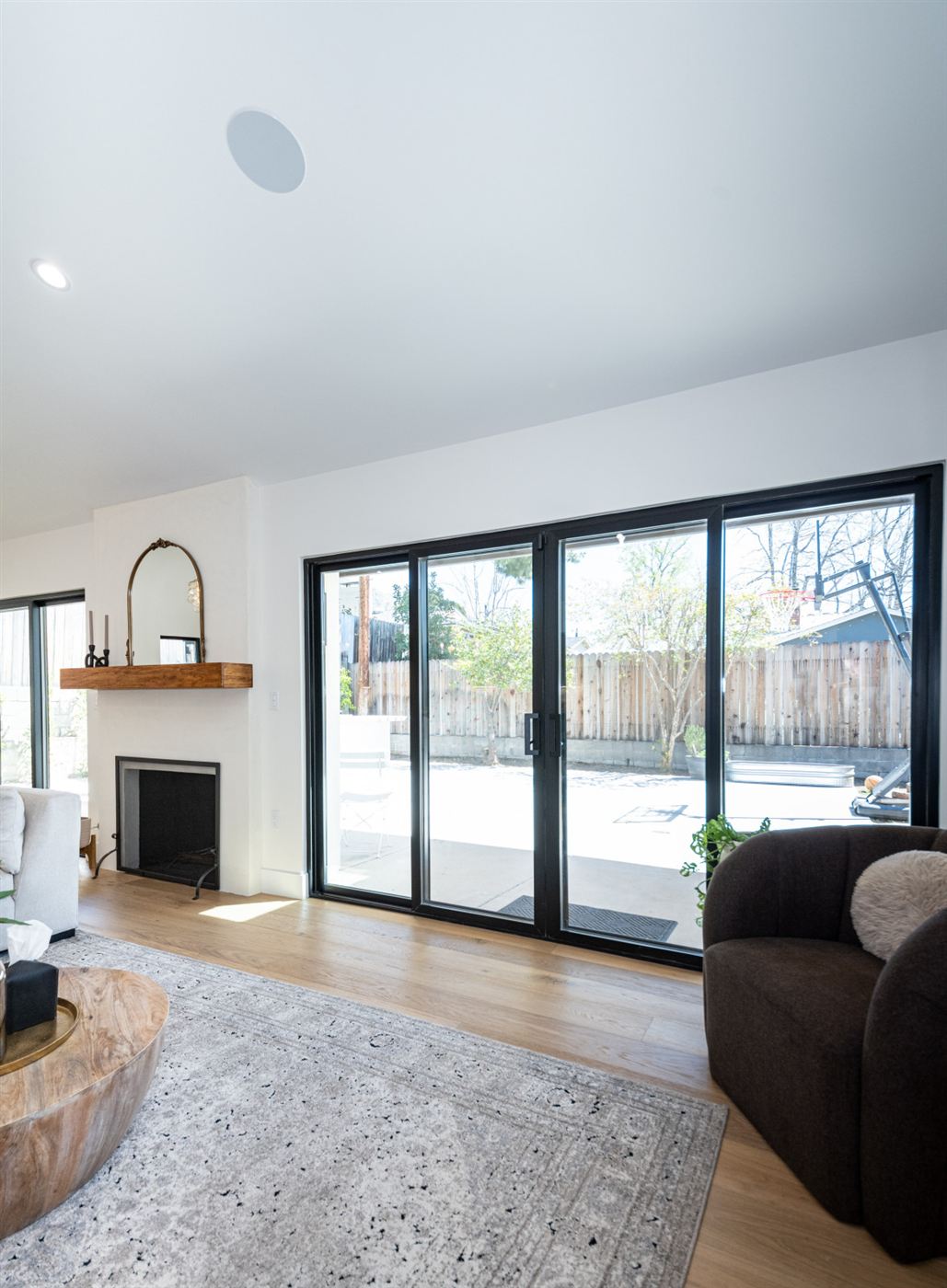 Living room with black-frame sliding doors to backyard