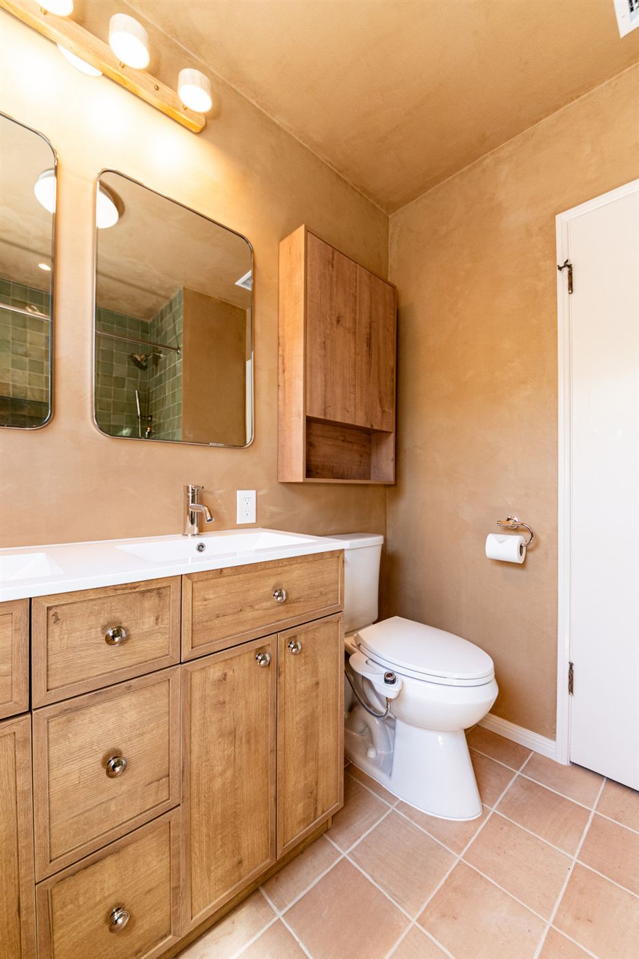 Woodland Hills bathroom â€” custom oak double vanity with white quartz countertop, by ARKO Remodeling