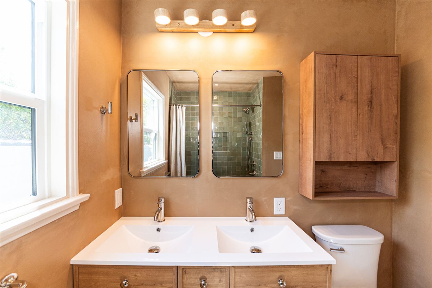 Woodland Hills bathroom â€” custom oak double vanity with white quartz countertop, by ARKO Remodeling