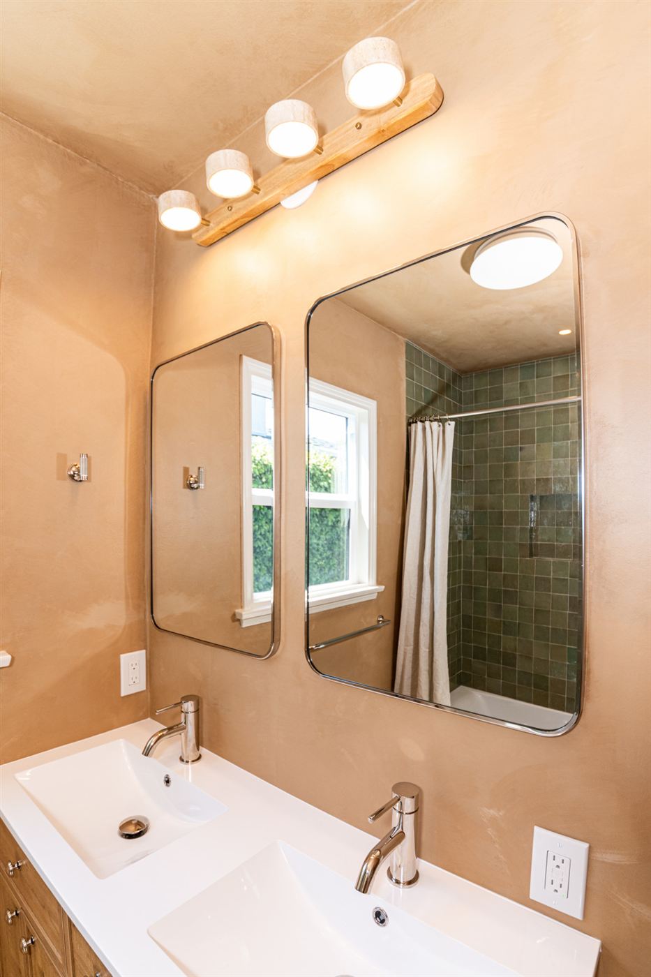 Woodland Hills bathroom â€” custom oak double vanity with white quartz countertop, by ARKO Remodeling